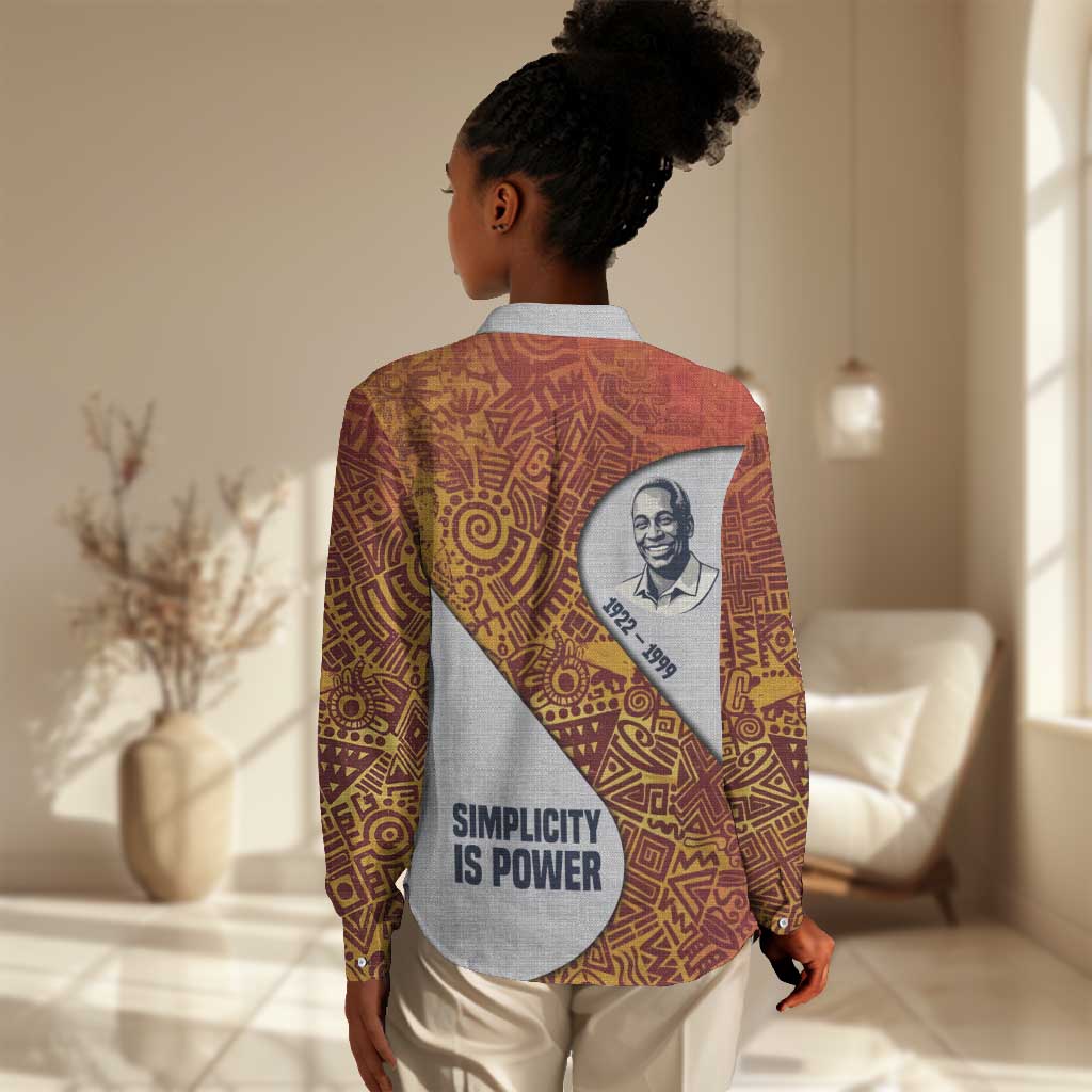 Julius Nyerere Women Casual Shirt with Smiling Portrait, Tribal Pattern and Simplicity is Power Quote - Wonder Print Shop
