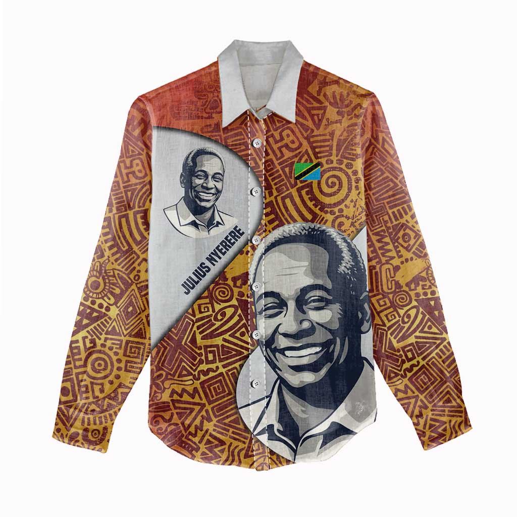 Julius Nyerere Women Casual Shirt with Smiling Portrait, Tribal Pattern and Simplicity is Power Quote - Wonder Print Shop