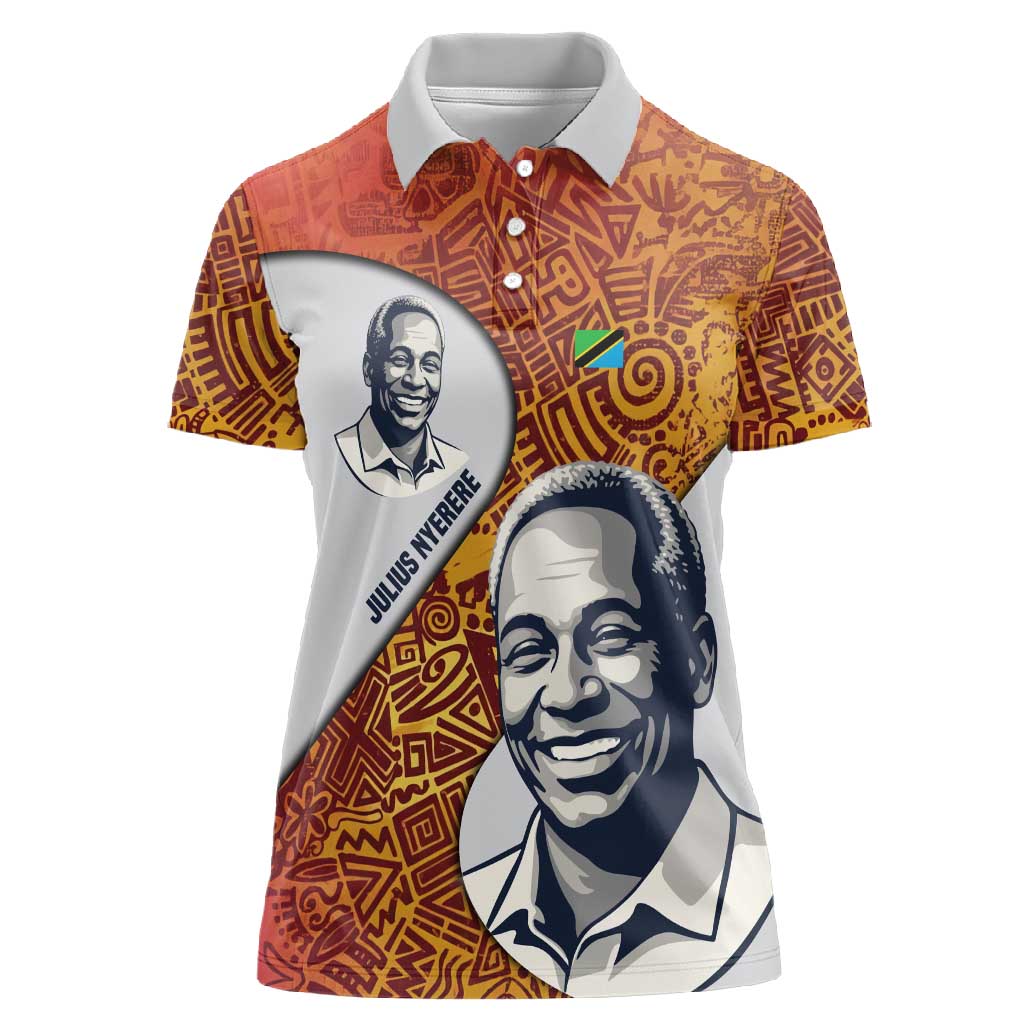Julius Nyerere Women Polo Shirt with Smiling Portrait, Tribal Pattern and Simplicity is Power Quote - Wonder Print Shop