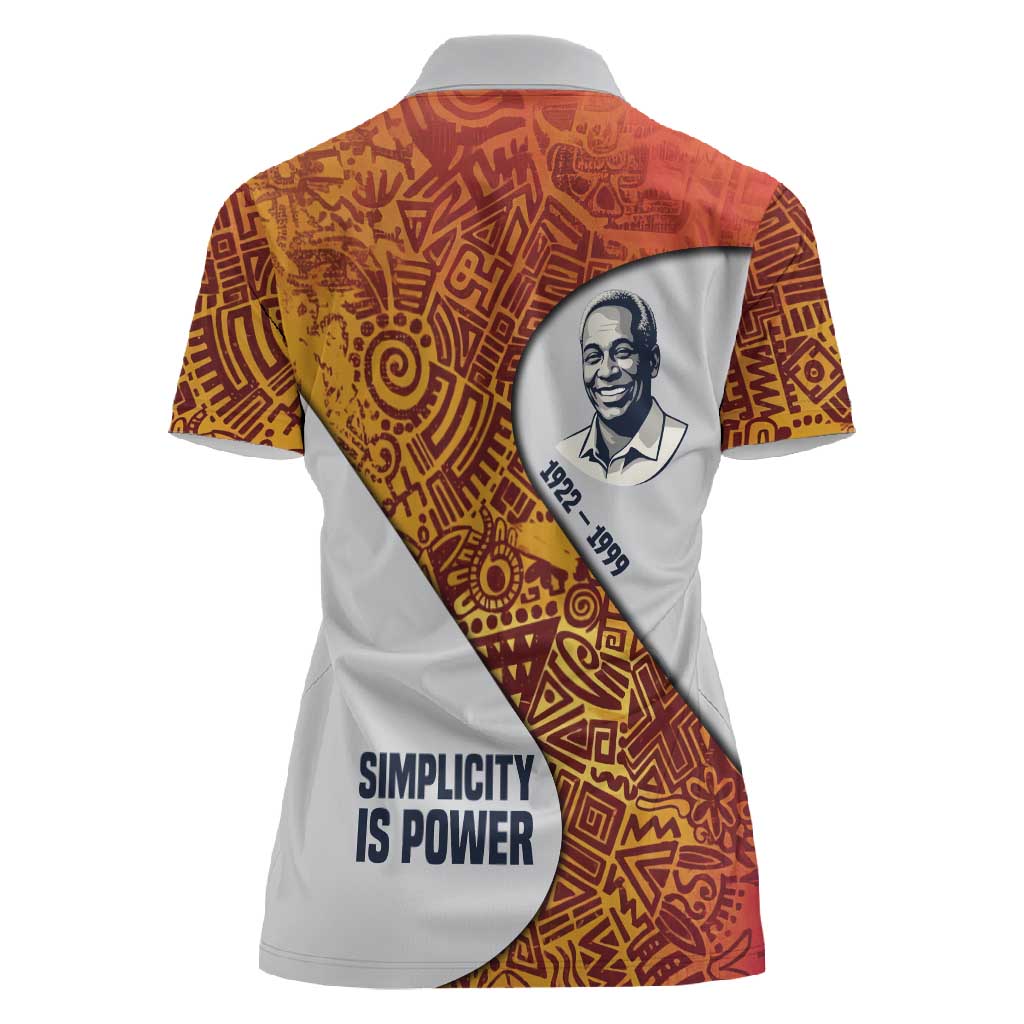 Julius Nyerere Women Polo Shirt with Smiling Portrait, Tribal Pattern and Simplicity is Power Quote - Wonder Print Shop