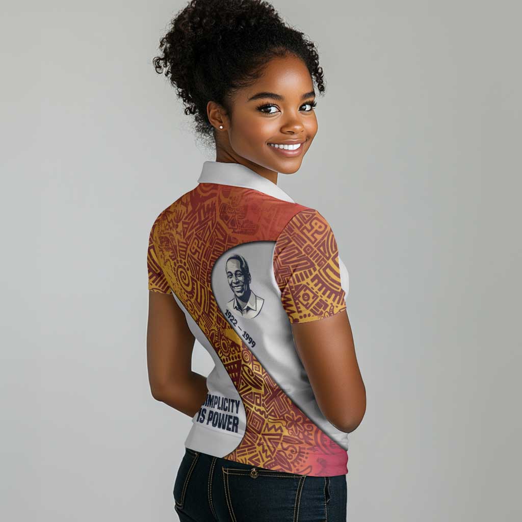 Julius Nyerere Women Polo Shirt with Smiling Portrait, Tribal Pattern and Simplicity is Power Quote - Wonder Print Shop