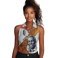 Julius Nyerere Women Sleeveless Polo Shirt with Smiling Portrait, Tribal Pattern and Simplicity is Power Quote - Wonder Print Shop