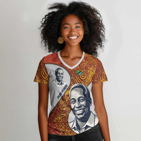 Julius Nyerere Women V-Neck T-Shirt with Smiling Portrait, Tribal Pattern and Simplicity is Power Quote - Wonder Print Shop