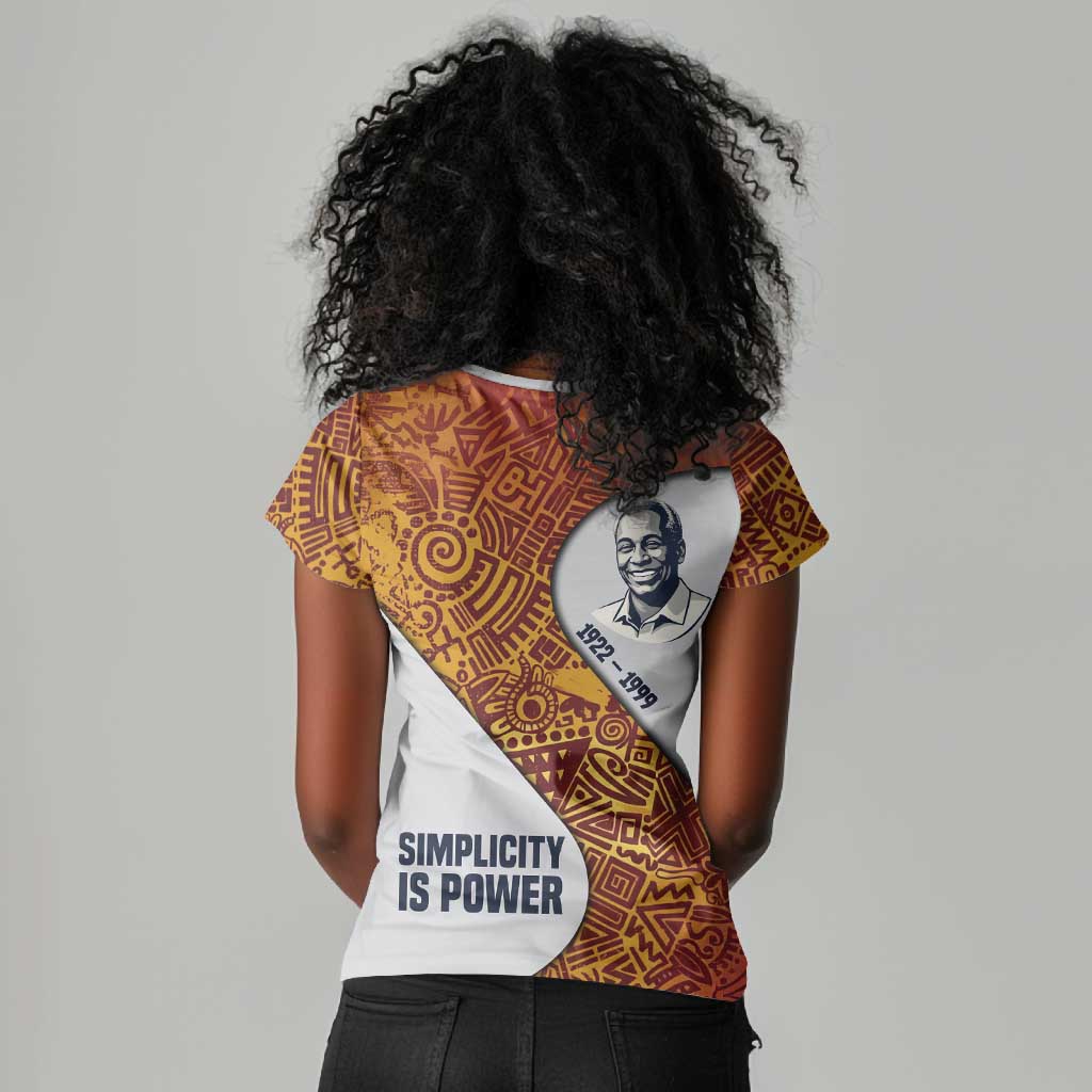 Julius Nyerere Women V-Neck T-Shirt with Smiling Portrait, Tribal Pattern and Simplicity is Power Quote - Wonder Print Shop