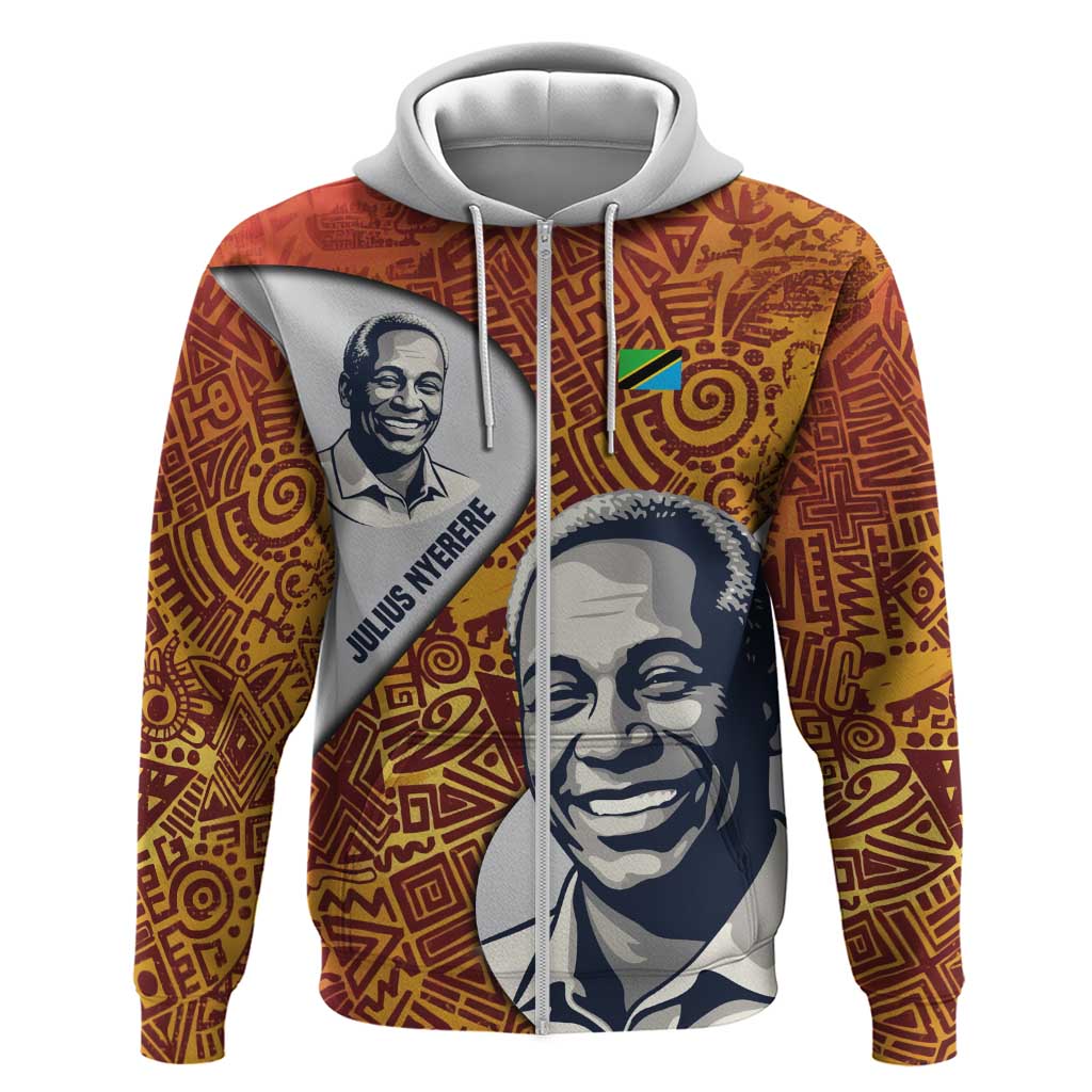 Julius Nyerere Zip Hoodie with Smiling Portrait, Tribal Pattern and Simplicity is Power Quote - Wonder Print Shop