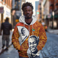 Julius Nyerere Zip Hoodie with Smiling Portrait, Tribal Pattern and Simplicity is Power Quote - Wonder Print Shop