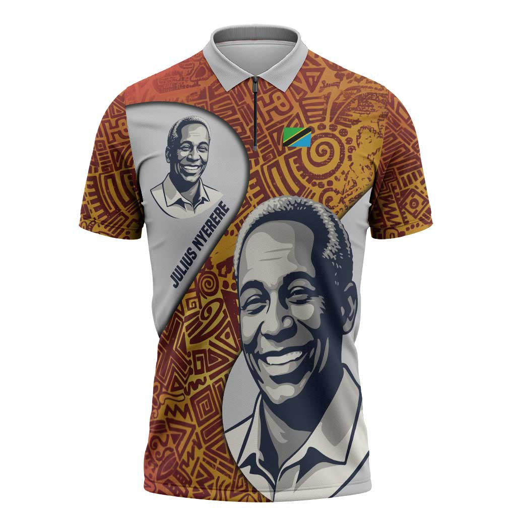 Julius Nyerere Zipper Polo Shirt with Smiling Portrait, Tribal Pattern and Simplicity is Power Quote - Wonder Print Shop