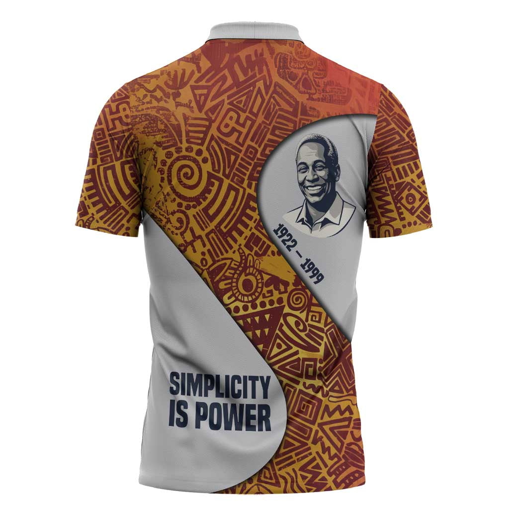 Julius Nyerere Zipper Polo Shirt with Smiling Portrait, Tribal Pattern and Simplicity is Power Quote - Wonder Print Shop