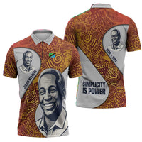 Julius Nyerere Zipper Polo Shirt with Smiling Portrait, Tribal Pattern and Simplicity is Power Quote - Wonder Print Shop