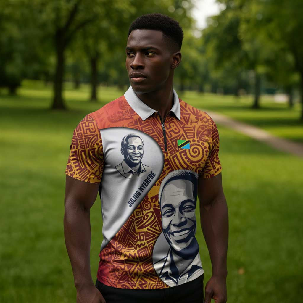 Julius Nyerere Zipper Polo Shirt with Smiling Portrait, Tribal Pattern and Simplicity is Power Quote - Wonder Print Shop