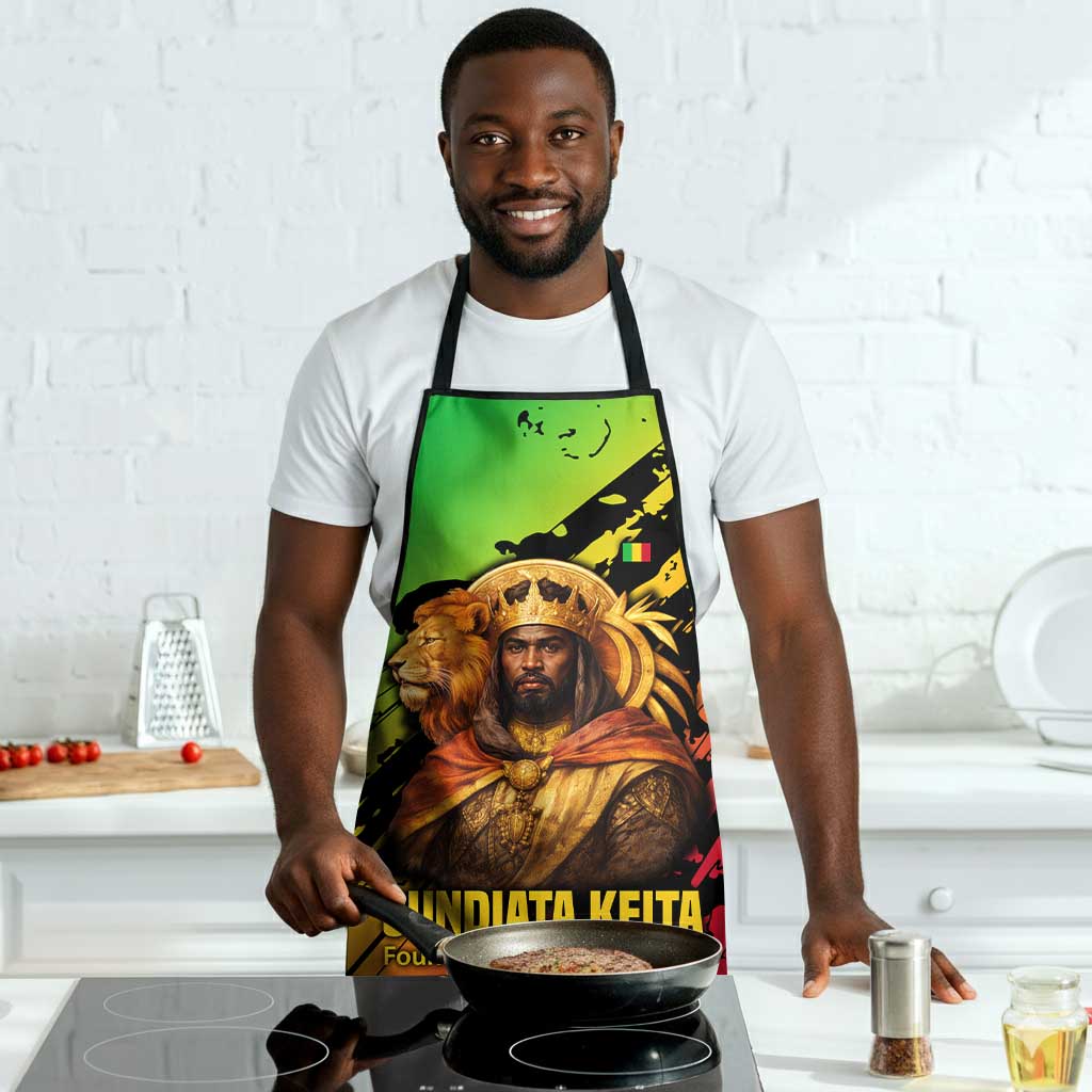 Sundiata Keita Apron with Regal Portrait, Lion of Mali Title and Bold Tribal Brushstroke Pattern - Wonder Print Shop