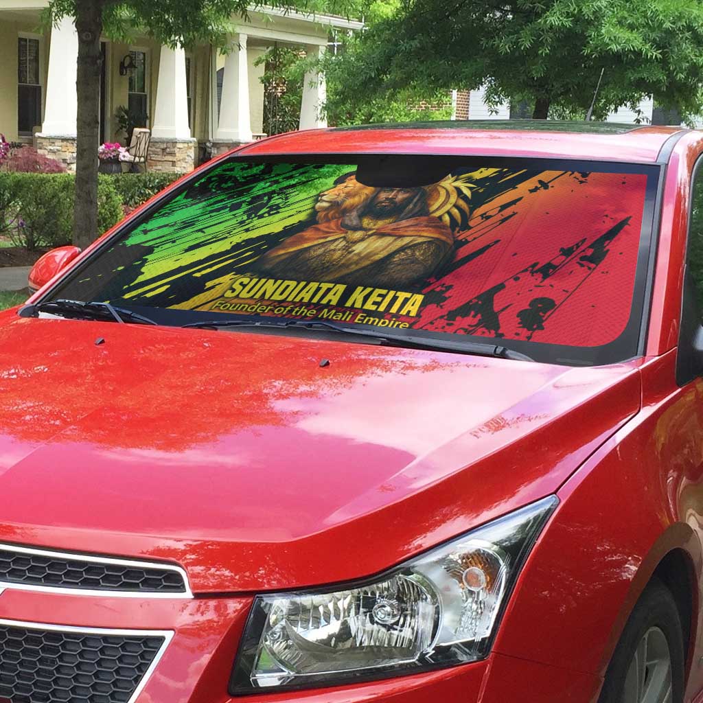Sundiata Keita Auto Sun Shade with Regal Portrait, Lion of Mali Title and Bold Tribal Brushstroke Pattern - Wonder Print Shop