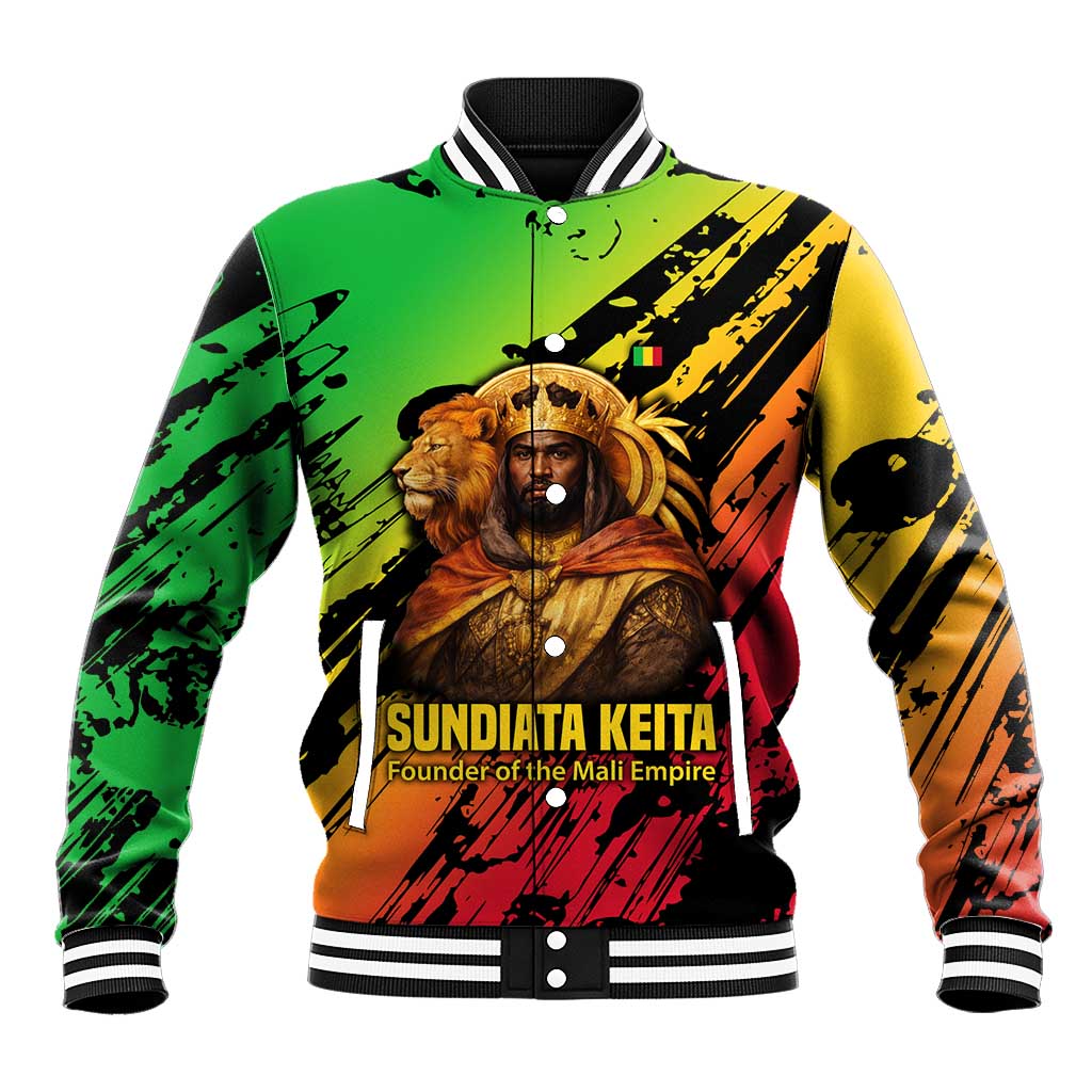 Sundiata Keita Baseball Jacket with Regal Portrait, Lion of Mali Title and Bold Tribal Brushstroke Pattern - Wonder Print Shop