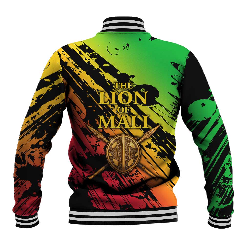 Sundiata Keita Baseball Jacket with Regal Portrait, Lion of Mali Title and Bold Tribal Brushstroke Pattern - Wonder Print Shop