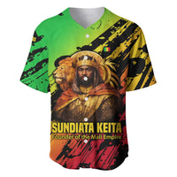 Sundiata Keita Baseball Jersey with Regal Portrait, Lion of Mali Title and Bold Tribal Brushstroke Pattern - Wonder Print Shop