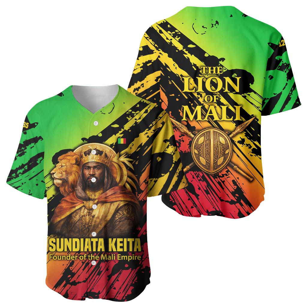 Sundiata Keita Baseball Jersey with Regal Portrait, Lion of Mali Title and Bold Tribal Brushstroke Pattern - Wonder Print Shop