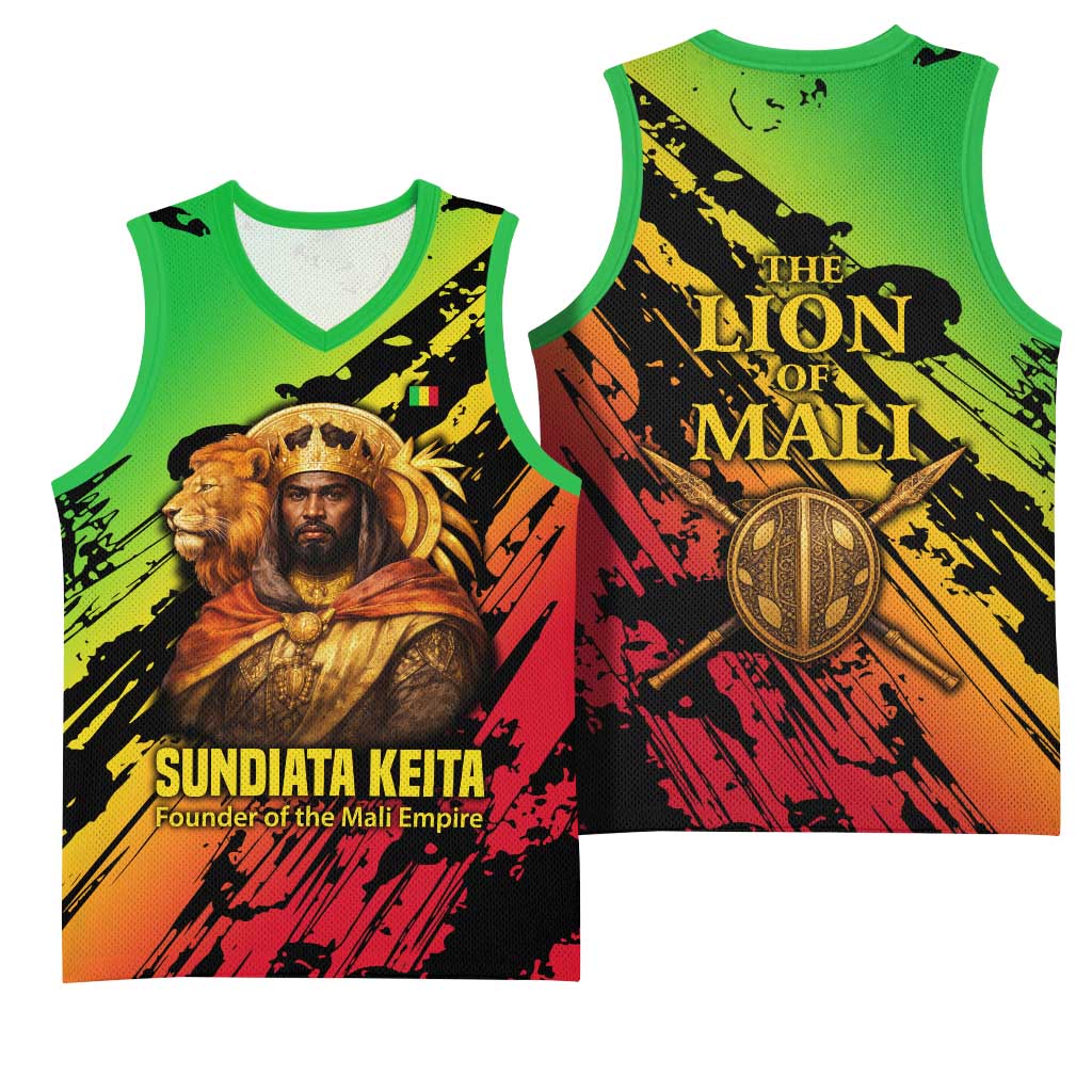 Sundiata Keita Basketball Jersey with Regal Portrait, Lion of Mali Title and Bold Tribal Brushstroke Pattern - Wonder Print Shop