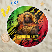 Sundiata Keita Beach Blanket with Regal Portrait, Lion of Mali Title and Bold Tribal Brushstroke Pattern - Wonder Print Shop