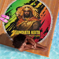 Sundiata Keita Beach Blanket with Regal Portrait, Lion of Mali Title and Bold Tribal Brushstroke Pattern - Wonder Print Shop