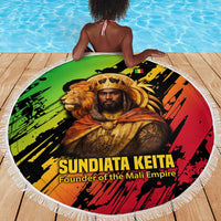 Sundiata Keita Beach Blanket with Regal Portrait, Lion of Mali Title and Bold Tribal Brushstroke Pattern - Wonder Print Shop