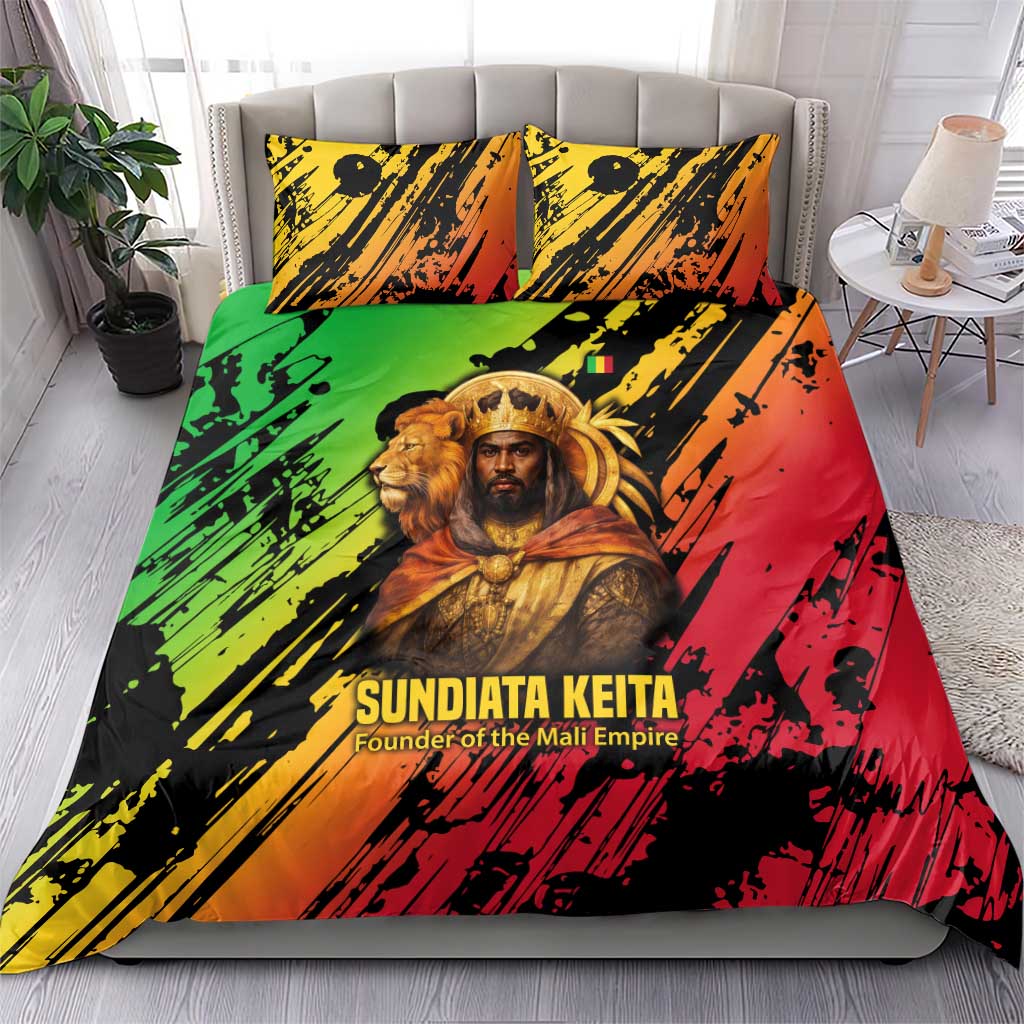 Sundiata Keita Bedding Set with Regal Portrait, Lion of Mali Title and Bold Tribal Brushstroke Pattern - Wonder Print Shop