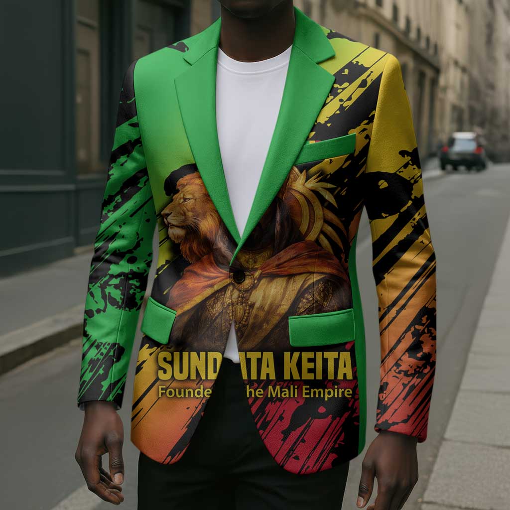 Sundiata Keita Blazer with Regal Portrait, Lion of Mali Title and Bold Tribal Brushstroke Pattern - Wonder Print Shop