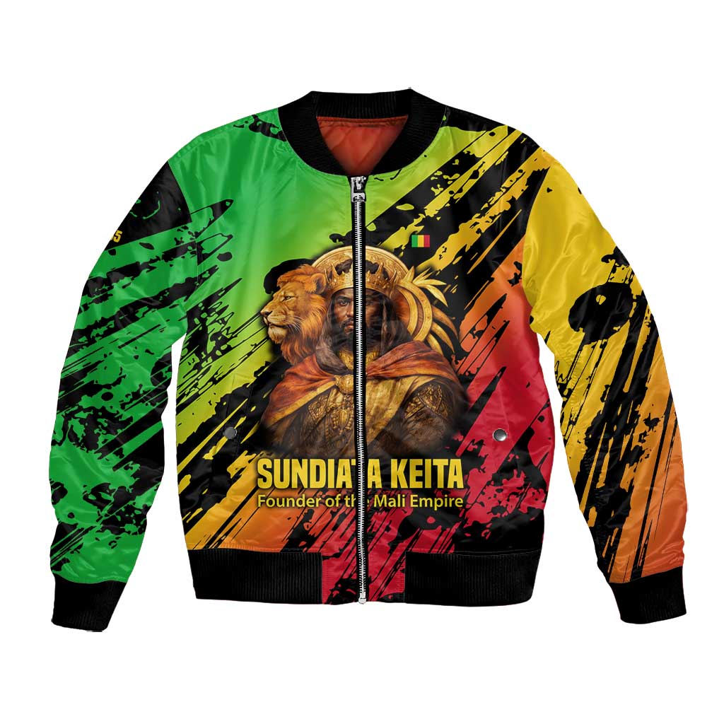 Sundiata Keita Bomber Jacket with Regal Portrait, Lion of Mali Title and Bold Tribal Brushstroke Pattern - Wonder Print Shop