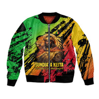 Sundiata Keita Bomber Jacket with Regal Portrait, Lion of Mali Title and Bold Tribal Brushstroke Pattern - Wonder Print Shop