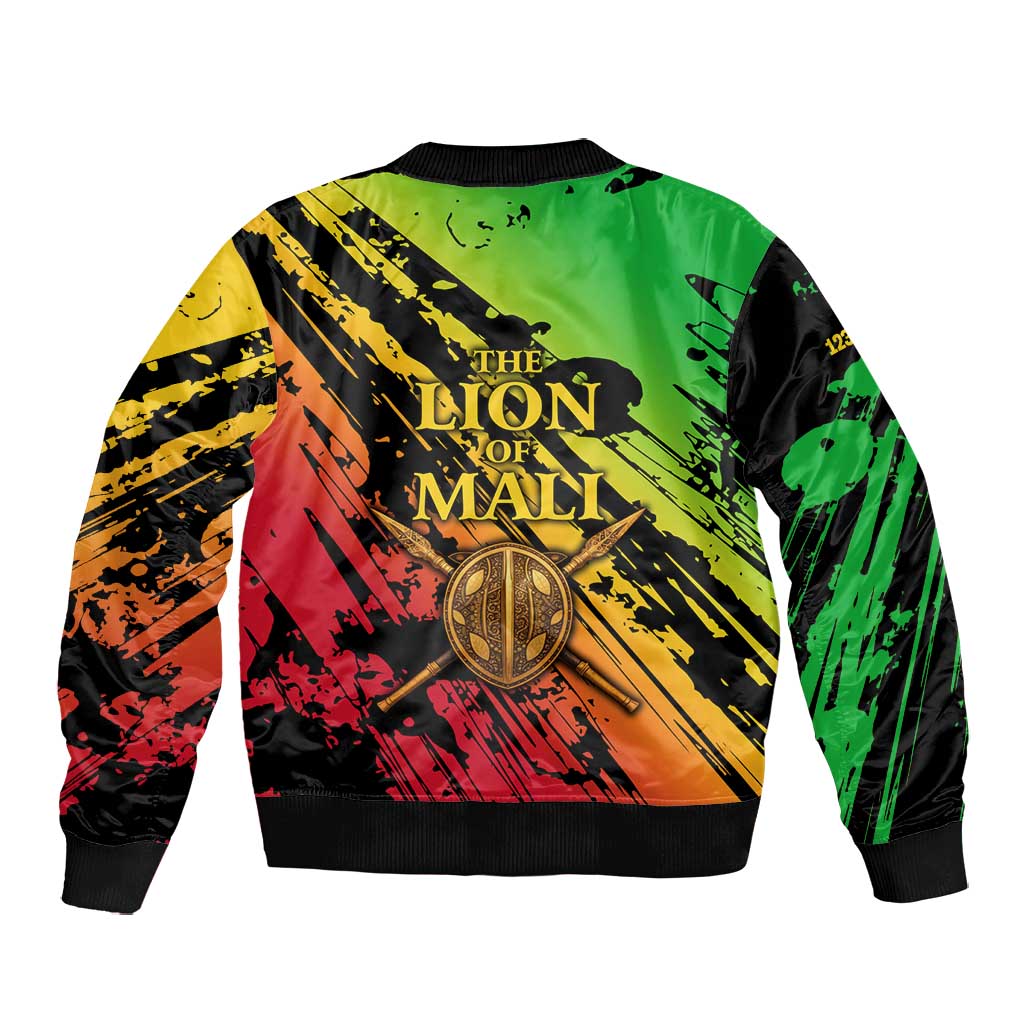 Sundiata Keita Bomber Jacket with Regal Portrait, Lion of Mali Title and Bold Tribal Brushstroke Pattern - Wonder Print Shop