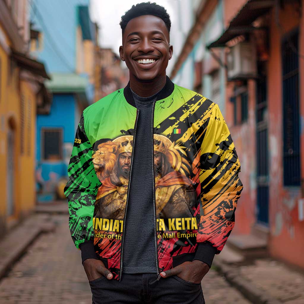 Sundiata Keita Bomber Jacket with Regal Portrait, Lion of Mali Title and Bold Tribal Brushstroke Pattern - Wonder Print Shop