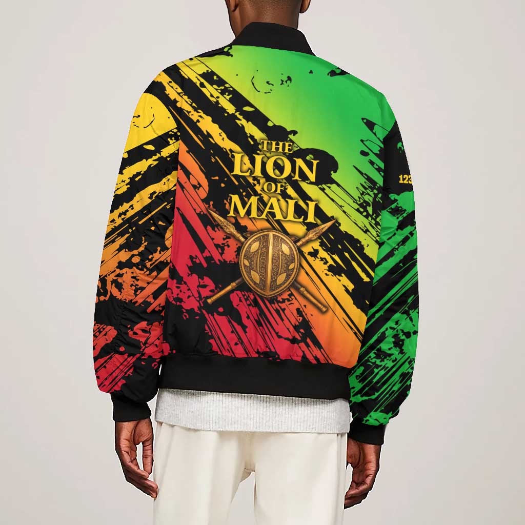 Sundiata Keita Bomber Jacket with Regal Portrait, Lion of Mali Title and Bold Tribal Brushstroke Pattern - Wonder Print Shop