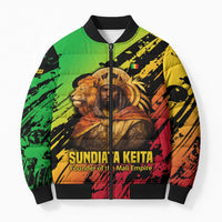 Sundiata Keita Bomber Puffer Jacket with Regal Portrait, Lion of Mali Title and Bold Tribal Brushstroke Pattern - Wonder Print Shop