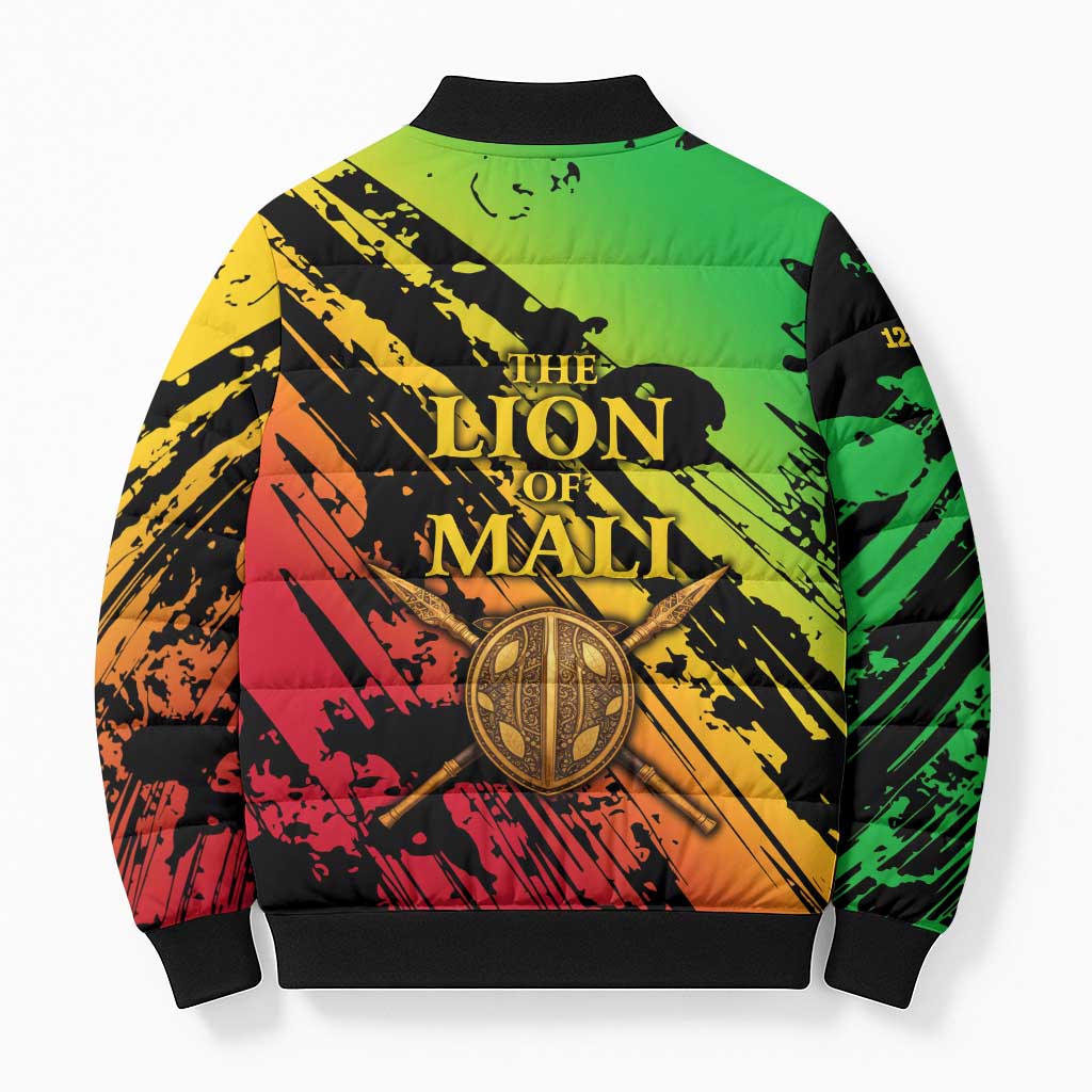 Sundiata Keita Bomber Puffer Jacket with Regal Portrait, Lion of Mali Title and Bold Tribal Brushstroke Pattern - Wonder Print Shop