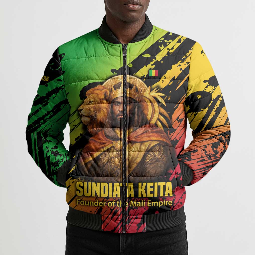 Sundiata Keita Bomber Puffer Jacket with Regal Portrait, Lion of Mali Title and Bold Tribal Brushstroke Pattern - Wonder Print Shop