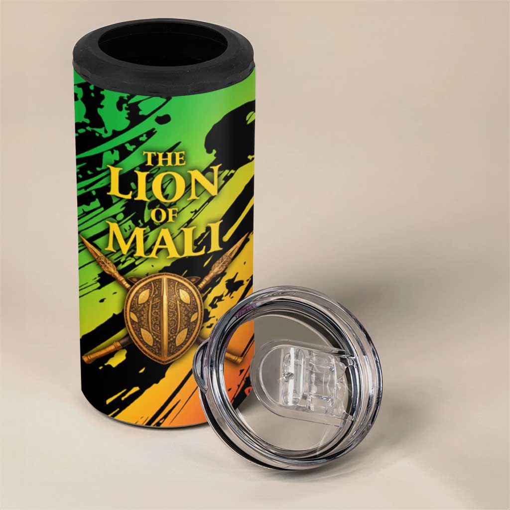 Sundiata Keita 4 in 1 Can Cooler Tumbler with Regal Portrait, Lion of Mali Title and Bold Tribal Brushstroke Pattern - Wonder Print Shop