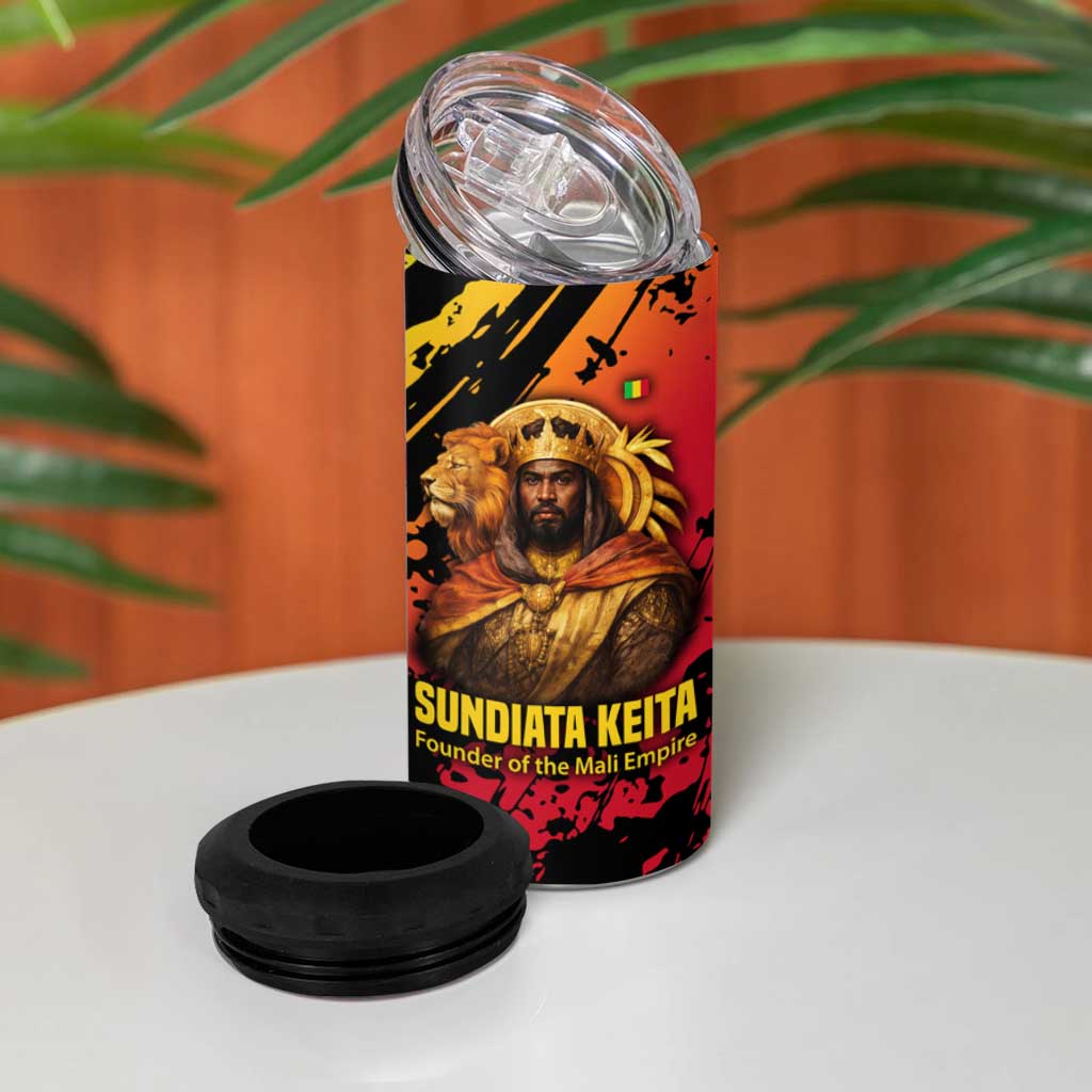 Sundiata Keita 4 in 1 Can Cooler Tumbler with Regal Portrait, Lion of Mali Title and Bold Tribal Brushstroke Pattern - Wonder Print Shop