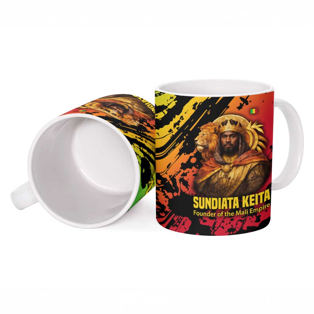 Sundiata Keita Ceramic Mug with Regal Portrait, Lion of Mali Title and Bold Tribal Brushstroke Pattern - Wonder Print Shop