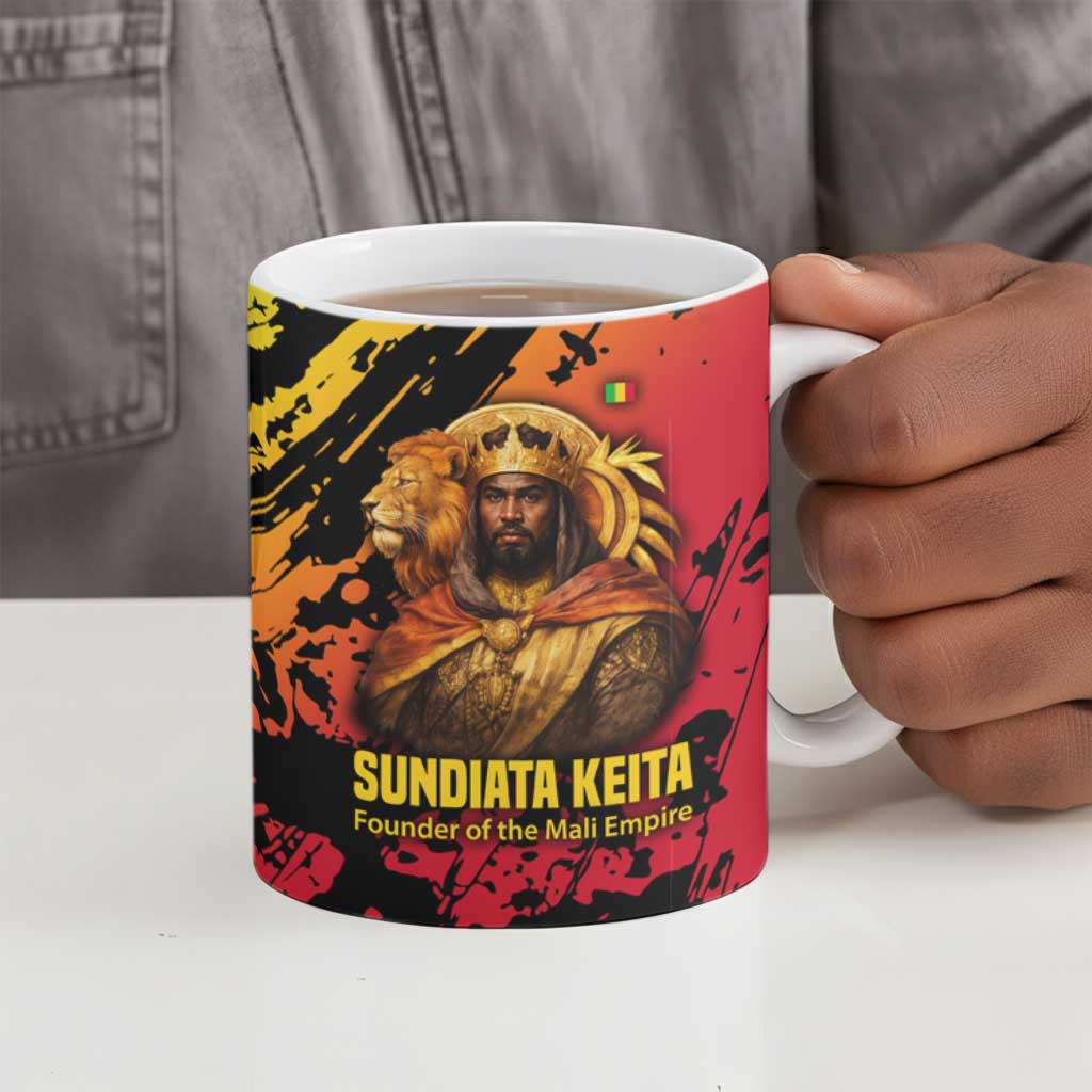 Sundiata Keita Ceramic Mug with Regal Portrait, Lion of Mali Title and Bold Tribal Brushstroke Pattern - Wonder Print Shop
