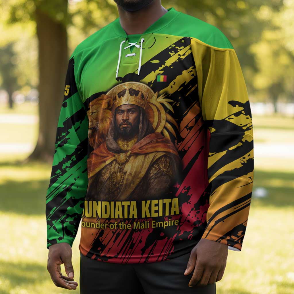 Sundiata Keita Hockey Jersey with Regal Portrait, Lion of Mali Title and Bold Tribal Brushstroke Pattern - Wonder Print Shop