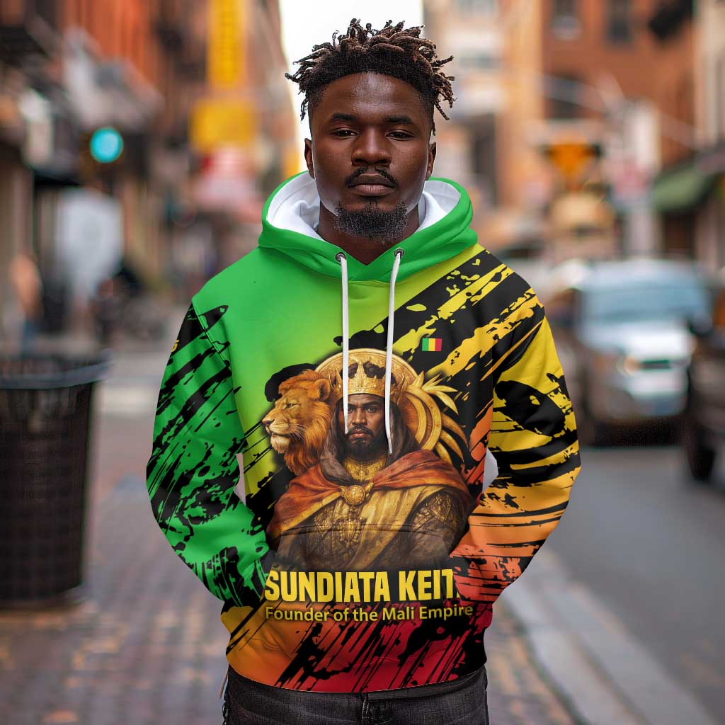Sundiata Keita Hoodie with Regal Portrait, Lion of Mali Title and Bold Tribal Brushstroke Pattern - Wonder Print Shop