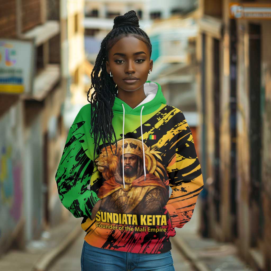 Sundiata Keita Hoodie with Regal Portrait, Lion of Mali Title and Bold Tribal Brushstroke Pattern - Wonder Print Shop