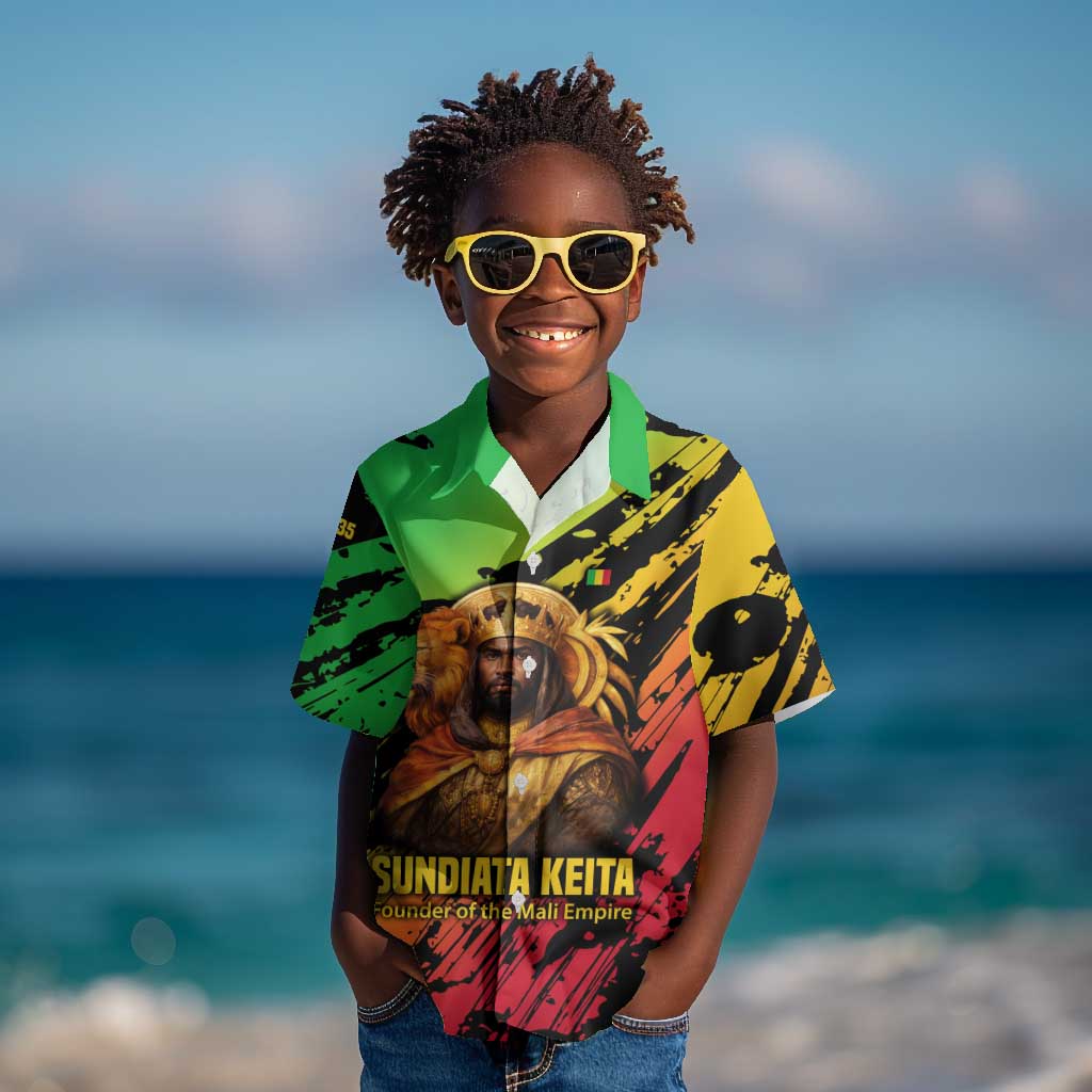 Sundiata Keita Kid Hawaiian Shirt with Regal Portrait, Lion of Mali Title and Bold Tribal Brushstroke Pattern - Wonder Print Shop