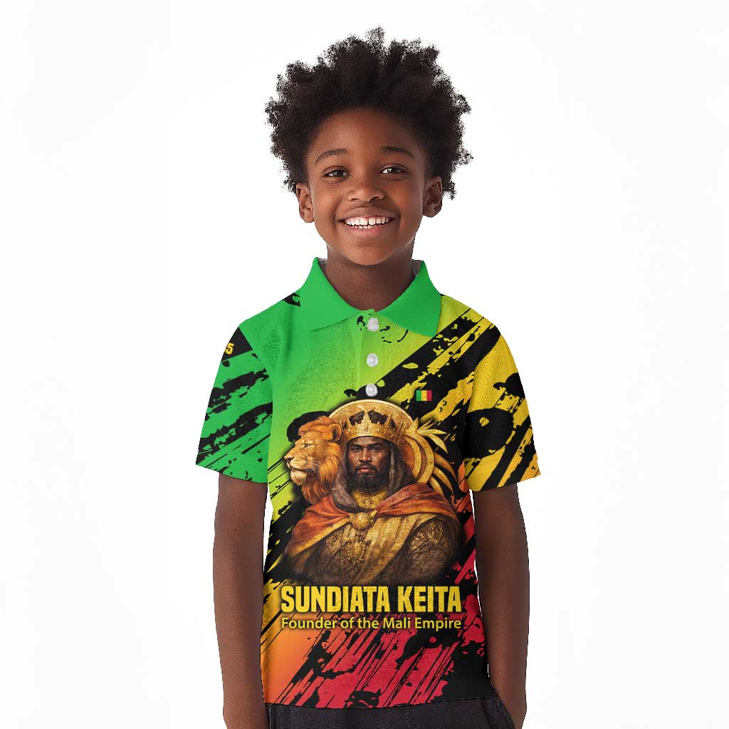 Sundiata Keita Kid Polo Shirt with Regal Portrait, Lion of Mali Title and Bold Tribal Brushstroke Pattern - Wonder Print Shop