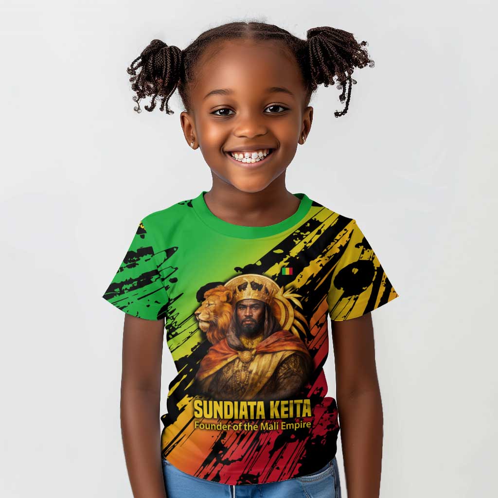 Sundiata Keita Kid T shirt with Regal Portrait, Lion of Mali Title and Bold Tribal Brushstroke Pattern - Wonder Print Shop