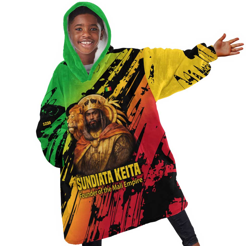 Sundiata Keita Kid Wearable Blanket Hoodie with Regal Portrait, Lion of Mali Title and Bold Tribal Brushstroke Pattern - Wonder Print Shop
