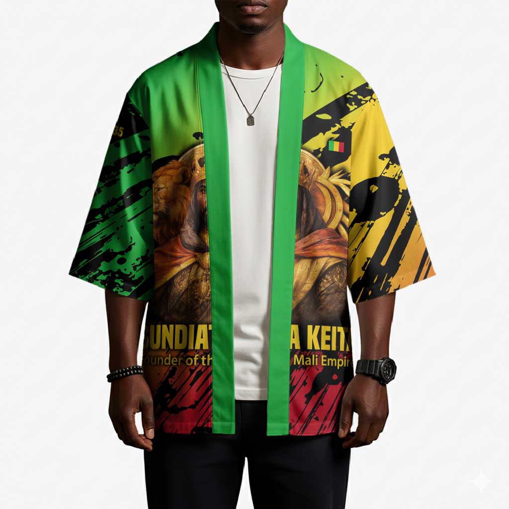 Sundiata Keita Kimono with Regal Portrait, Lion of Mali Title and Bold Tribal Brushstroke Pattern - Wonder Print Shop