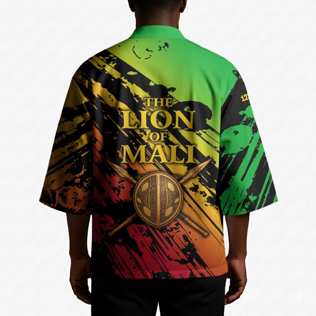 Sundiata Keita Kimono with Regal Portrait, Lion of Mali Title and Bold Tribal Brushstroke Pattern - Wonder Print Shop