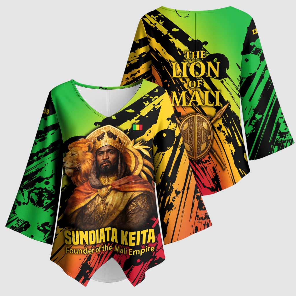 Sundiata Keita Kimono Sleeve Blouse with Regal Portrait, Lion of Mali Title and Bold Tribal Brushstroke Pattern - Wonder Print Shop