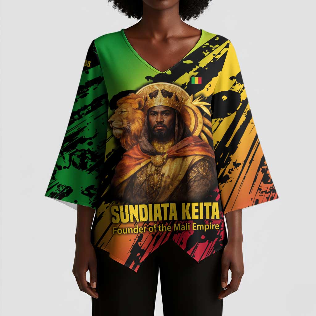 Sundiata Keita Kimono Sleeve Blouse with Regal Portrait, Lion of Mali Title and Bold Tribal Brushstroke Pattern - Wonder Print Shop