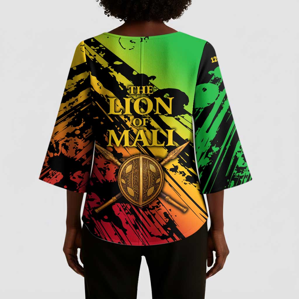 Sundiata Keita Kimono Sleeve Blouse with Regal Portrait, Lion of Mali Title and Bold Tribal Brushstroke Pattern - Wonder Print Shop